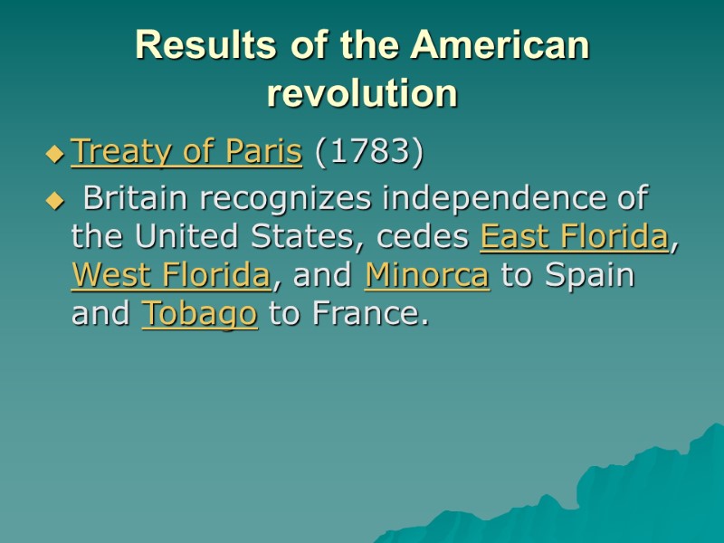 Results of the American revolution Treaty of Paris (1783)  Britain recognizes independence of